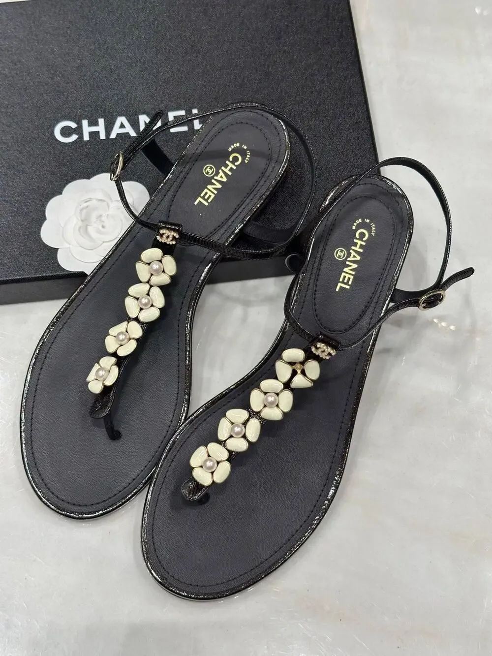 Chanel Black Flower Pearl Thong Sandals - EU 41